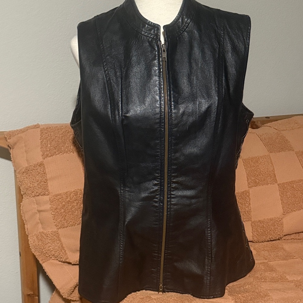Black Leather Sleeveless Jacket/Vest size 14